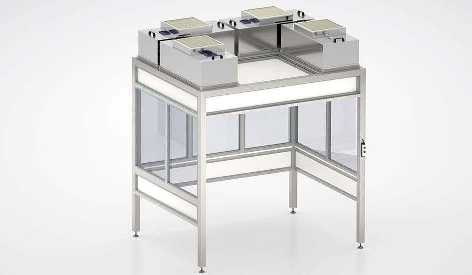 Beispiel für eine Reinraum-Teilumhausung mit mehreren Filter-Fan-Units. Durch eine Teilumhausung entstehen Arbeitsbereiche mit individuellen Abmessungen, die mit durchgängiger Verdrängungsströmung mit gereinigter Luft versorgt wird.