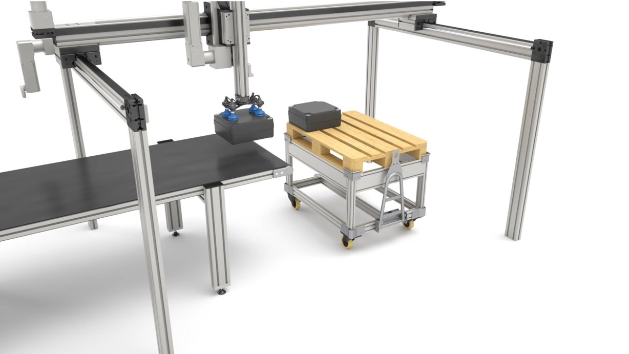 Visualisierung eines 3D-Raumportals: Raumportale werden vor allem für Pick-and-Place-Aufgaben eingesetzt. Typische Einsatzgebiete von Raumportalen sind das Stapeln, Palettieren und Sortieren. Dafür werden an den Ausleger-Achsen Sauger oder Greifer befestigt.