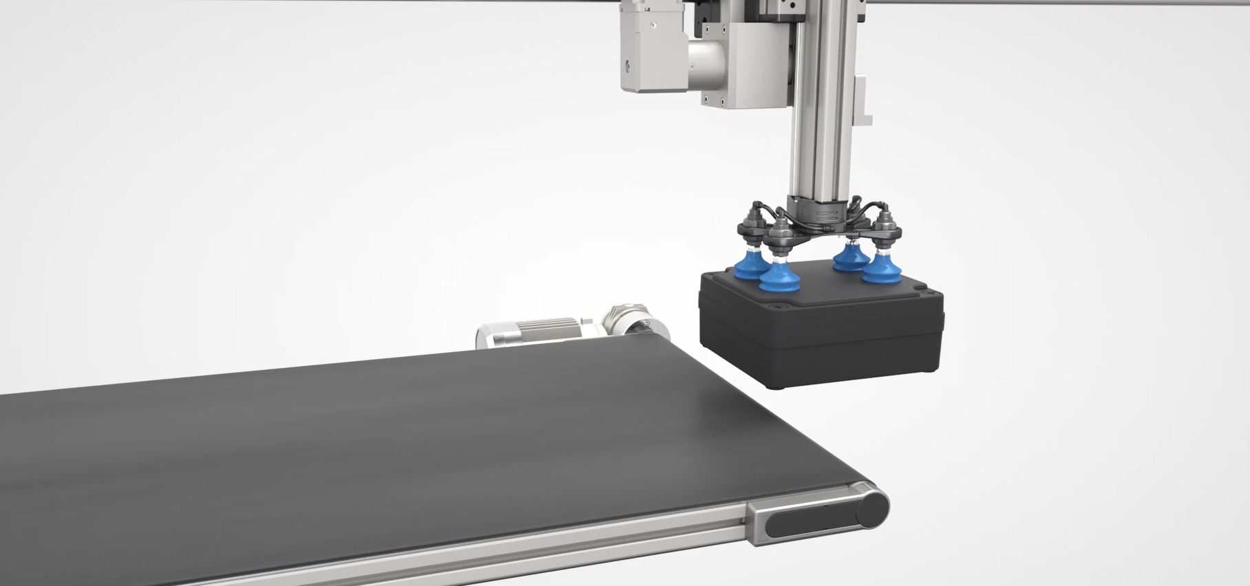 Visualisation of a Flat Belt Conveyor, with a wide, continuous belt that can reliably transport even individual goods that have uneven contours.