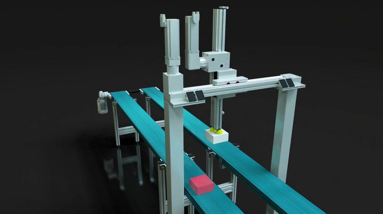 Visualisation of a 2D gantry. Two-dimensional gantries are suitable for e.g. sorting across multiple conveyor lines and printing on or inspecting surfaces. In these scenarios, the gantries are used, for example, to guide printer heads, nozzles, scanners or sensors to the right place.