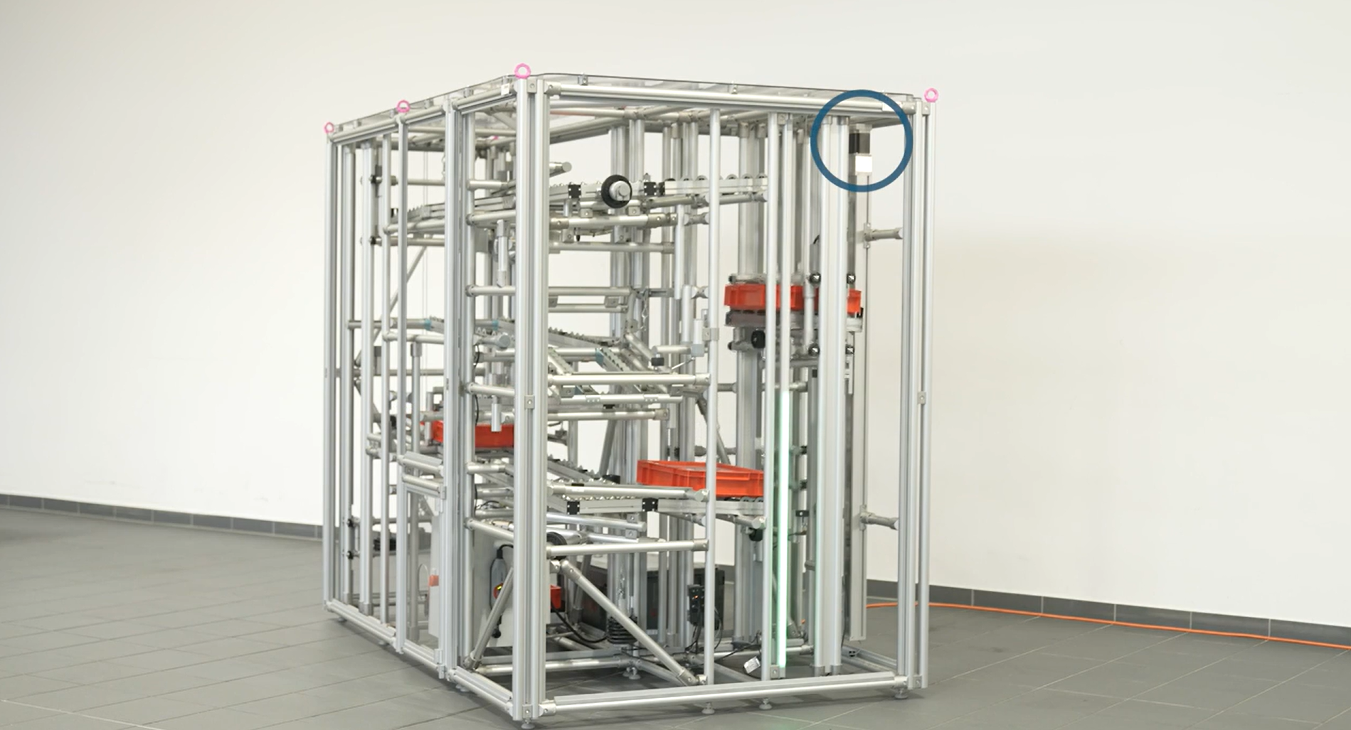 A stepper motor in use in a Karakuri/LCA application. The transport and lifting of small load carriers (SLCs) has been automated to spare staff from having to carry out activities with poor ergonomics, meaning they can focus on value-adding production work.