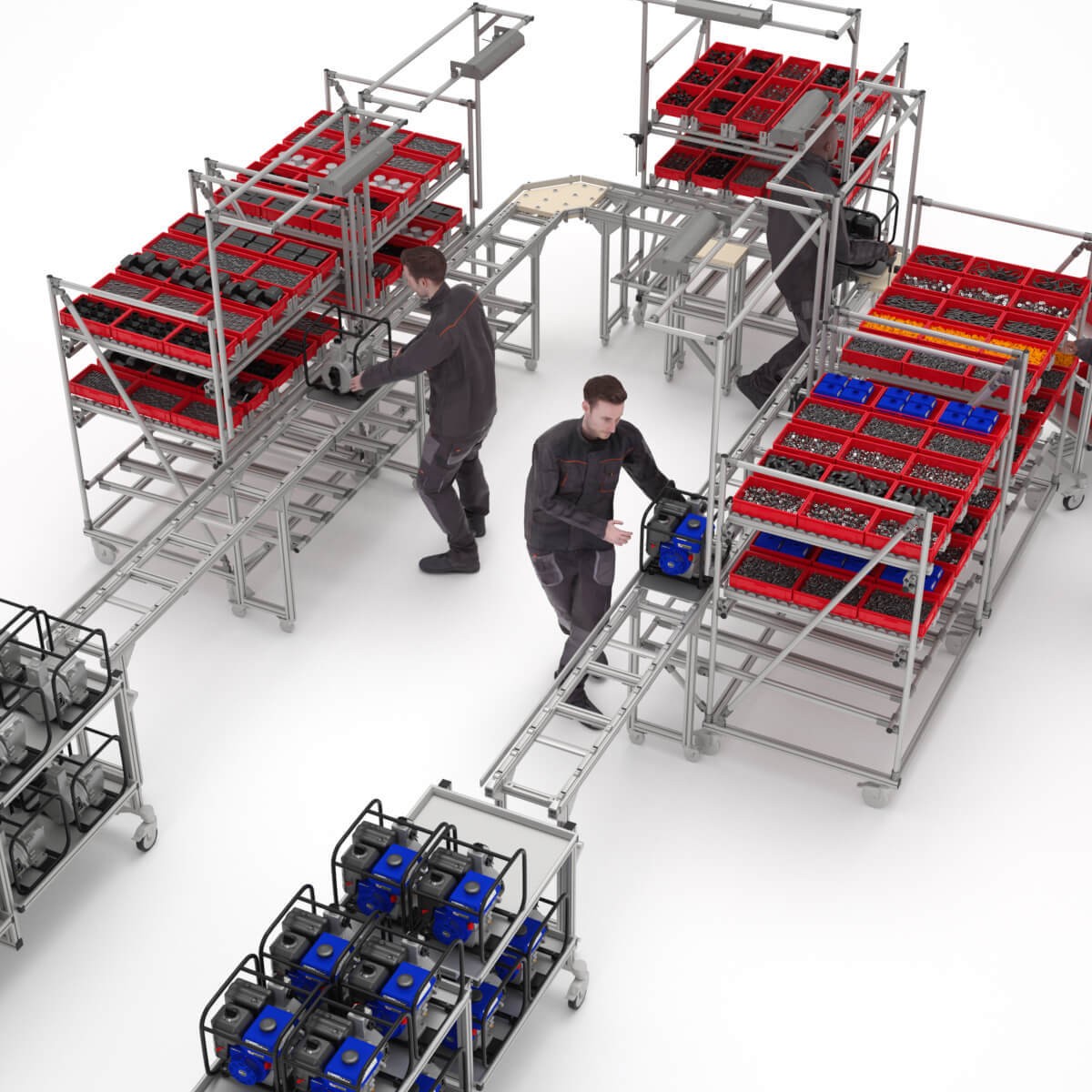 Verkettete Arbeitsplatzsysteme für One-Piece-Flow: Bei dieser Methode aus der Lean Production wird das Werkstück meist manuell von einer Bearbeitungsstation zur nächsten befördert. Die Stationen sind über Rollenbahnen verbunden. So entstehen keine Zwischenlagerungen des Werkstücks. Für dieses Prinzip bietet es sich an, Montagearbeitsplätze in U-Form anzuordnen.