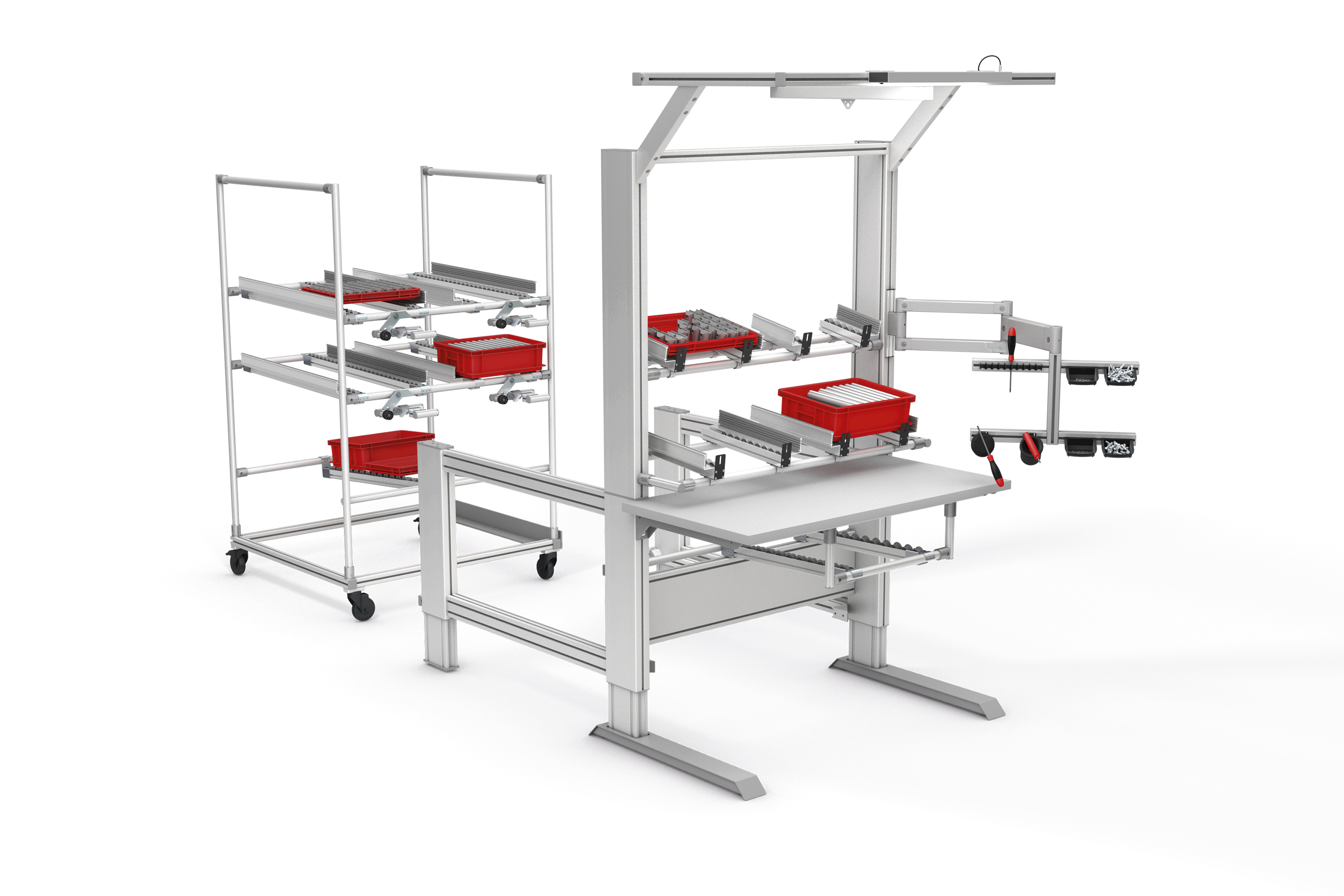Sample solution of a workstation with material supply from the rear. The shooter provides an optimum solution for supplying materials at the work bench on the basis of the FIFO (first in, first out) principle. The shooter is reversed up to the work bench so that the materials that need to be removed are positioned directly in the worker’s handling area and can then be processed further.